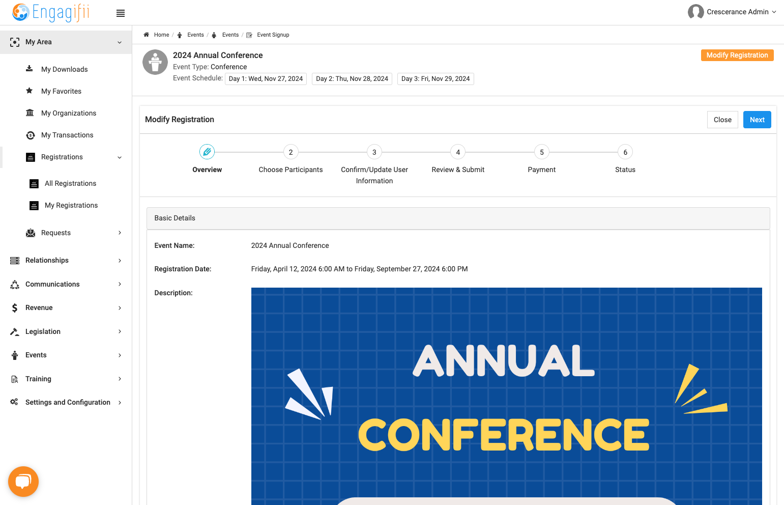 The event registration page opens up, click on next to modify the registration