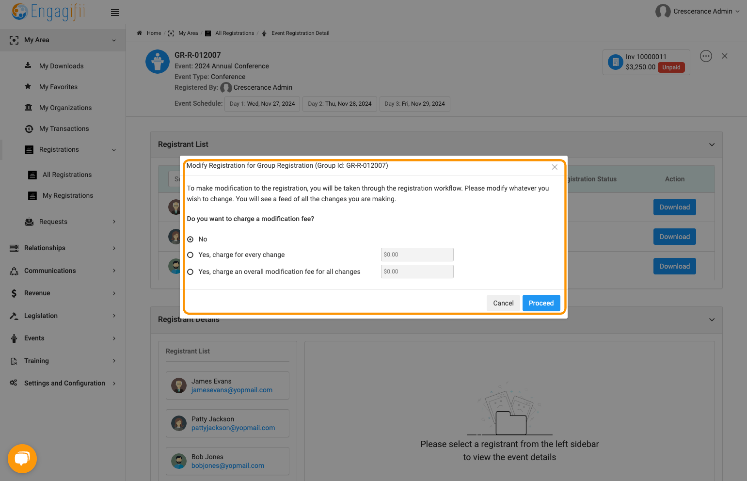 Select the correct circle for if a modification fee is charged