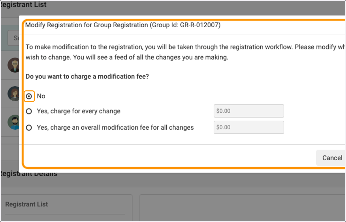 Select the correct circle for if a modification fee is charged