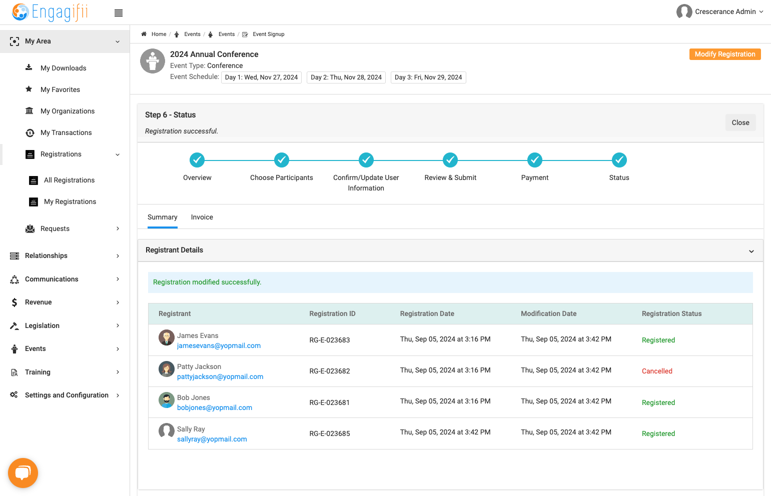 And view updated registration modification details