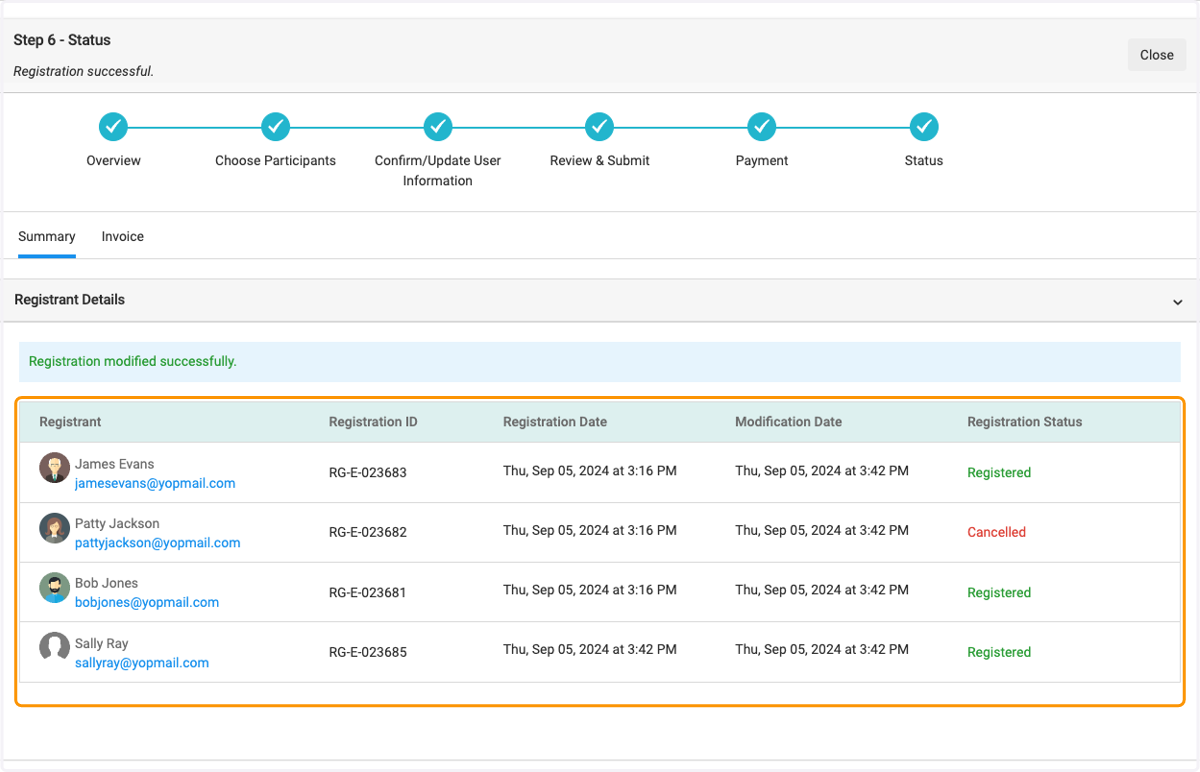And view updated registration modification details