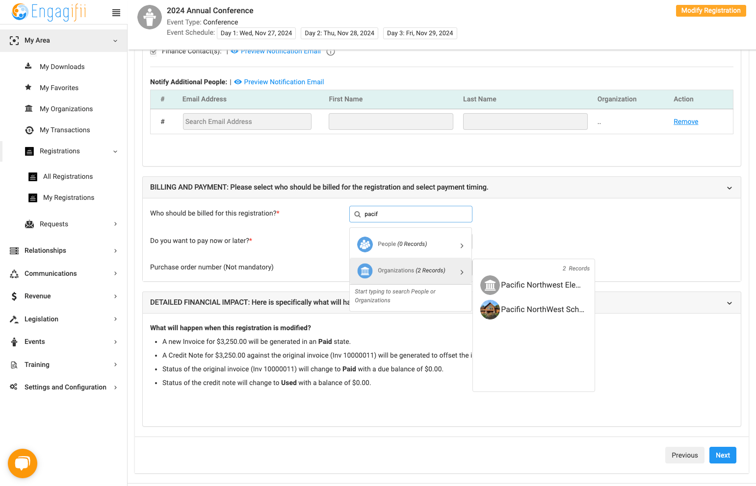 Type in Billing Organization and select from dropdown