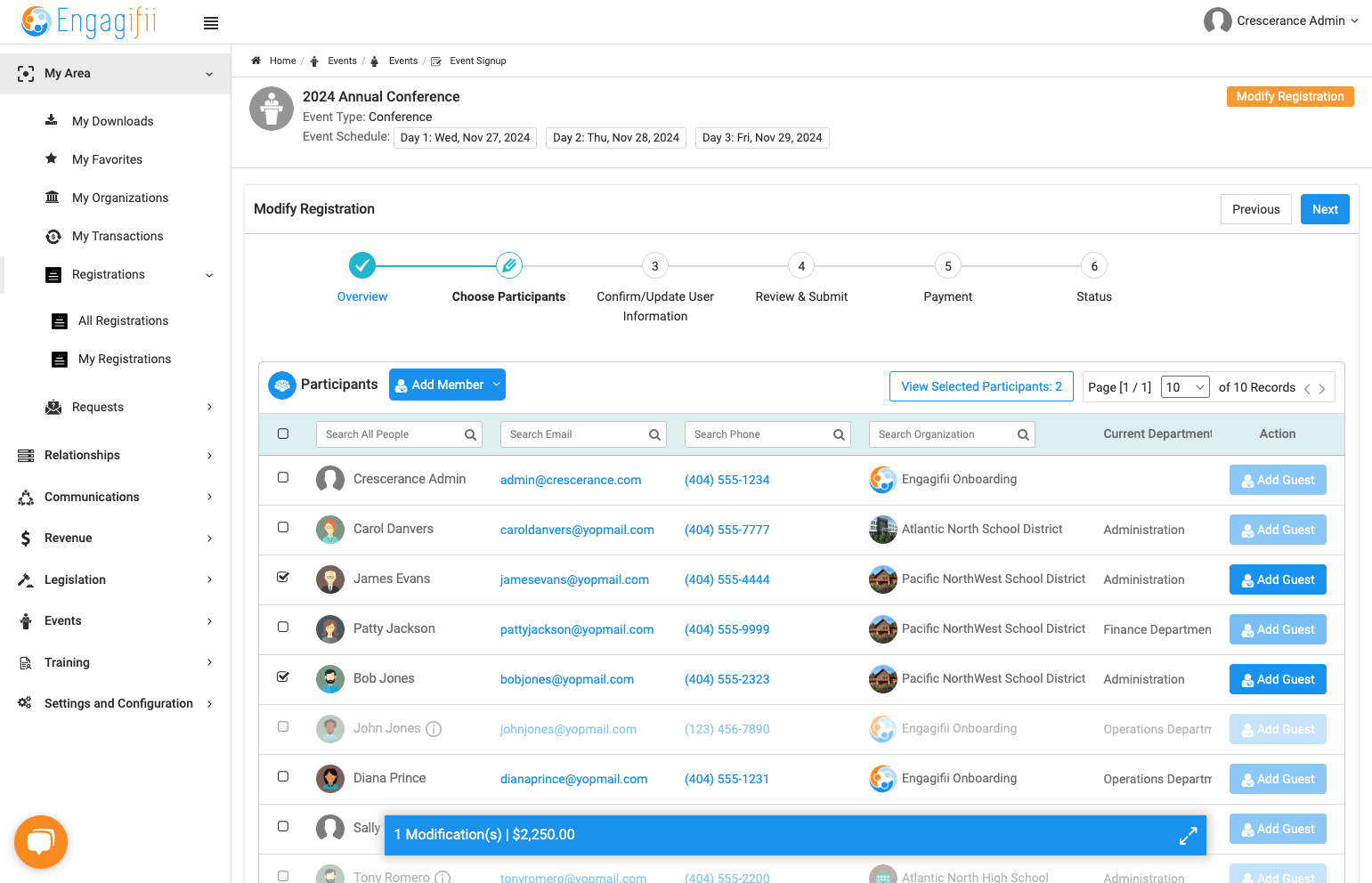 Uncheck the participant(s) you wish to remove. Note the blue bar at the bottom keeping track of your modifications.