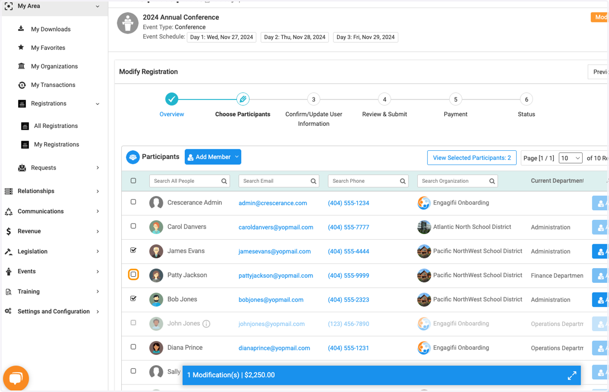 Uncheck the participant(s) you wish to remove. Note the blue bar at the bottom keeping track of your modifications.