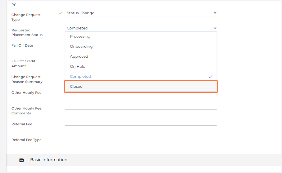Select Requested Placement Status