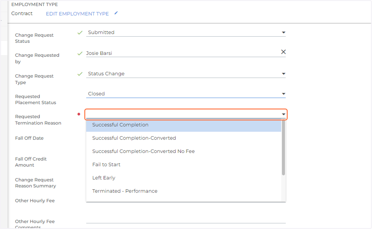 Select Requested Termination Reason