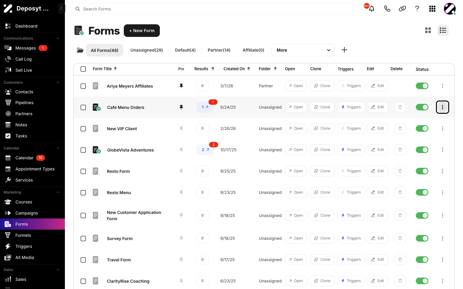 Step 2: You are then navigated to Forms. Click the three-dot menu to access more actions for the selected form.