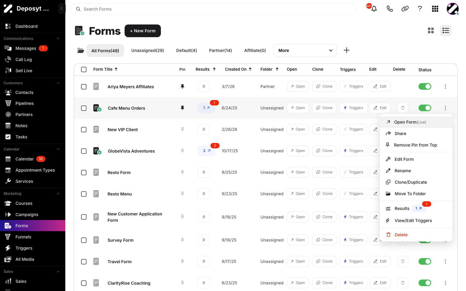 Step 3: A pop-up menu appears where you can open the Live Form, share the form, pin or unpin it from the top, edit the form, rename it, clone or duplicate it, move it to a folder, view results, view or edit triggers, and delete the form.