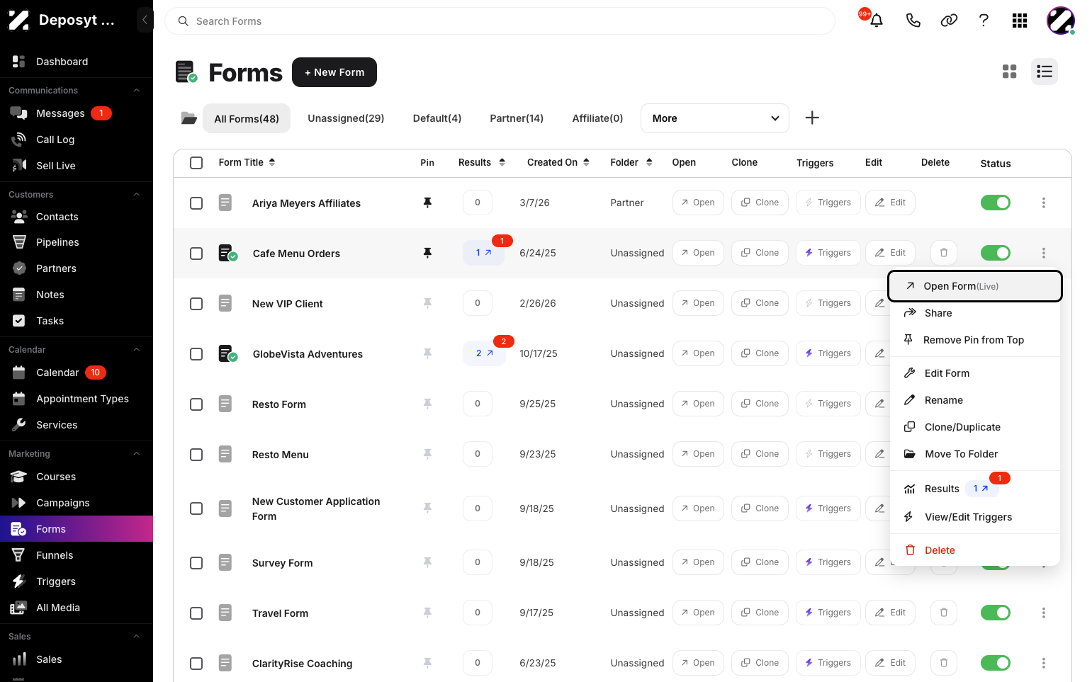 Step 3: A pop-up menu appears where you can open the Live Form, share the form, pin or unpin it from the top, edit the form, rename it, clone or duplicate it, move it to a folder, view results, view or edit triggers, and delete the form.