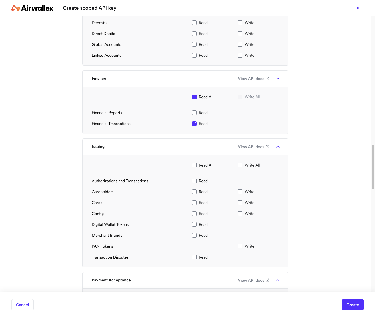 Select "Read" against "Financial Transactions" under "Finance"