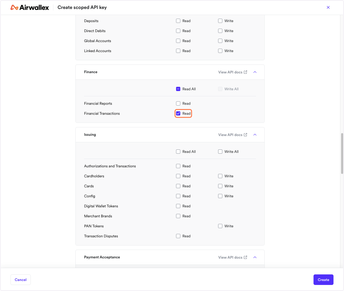 Select "Read" against "Financial Transactions" under "Finance"