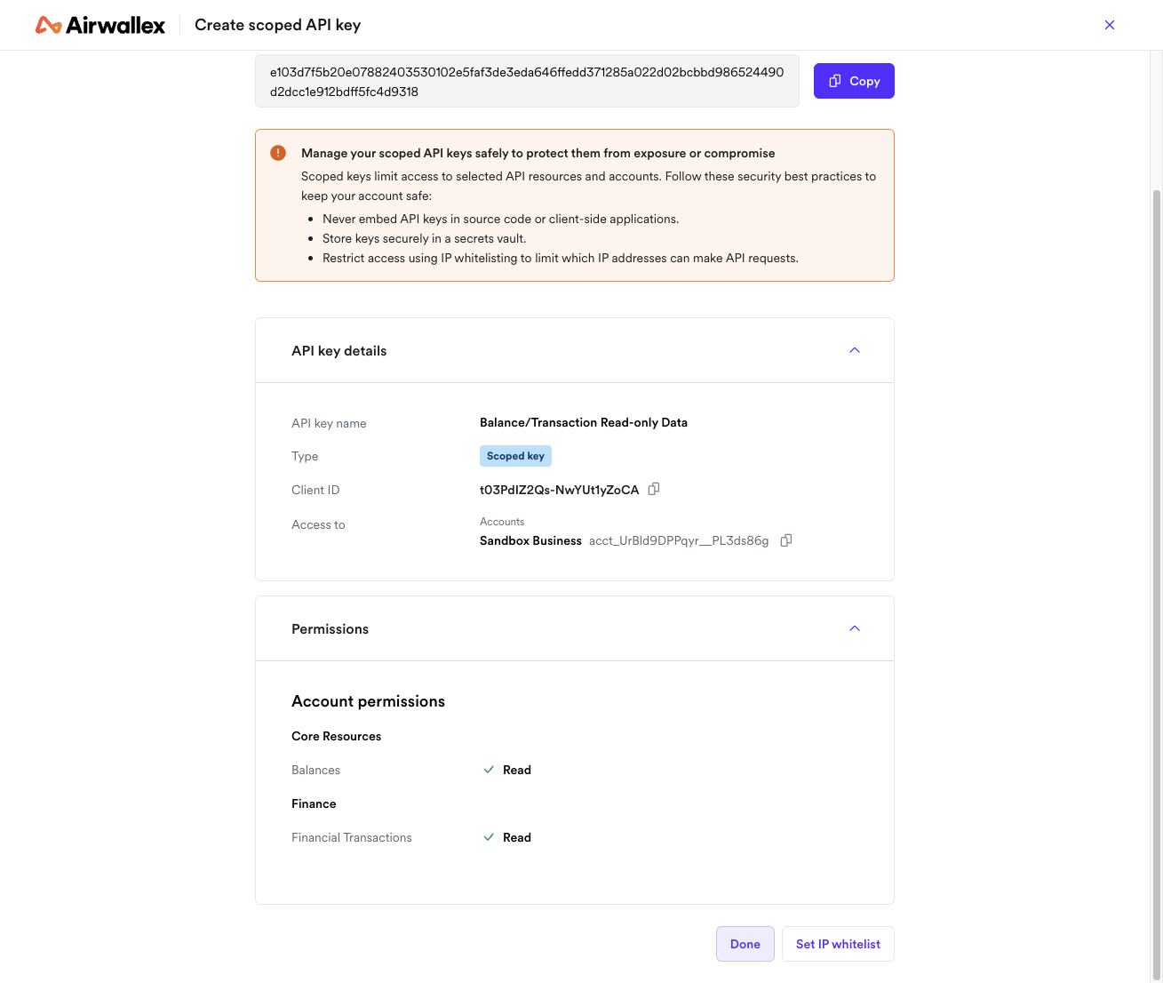 Once Done, share the "Client ID" and "API keys" with Finmo.