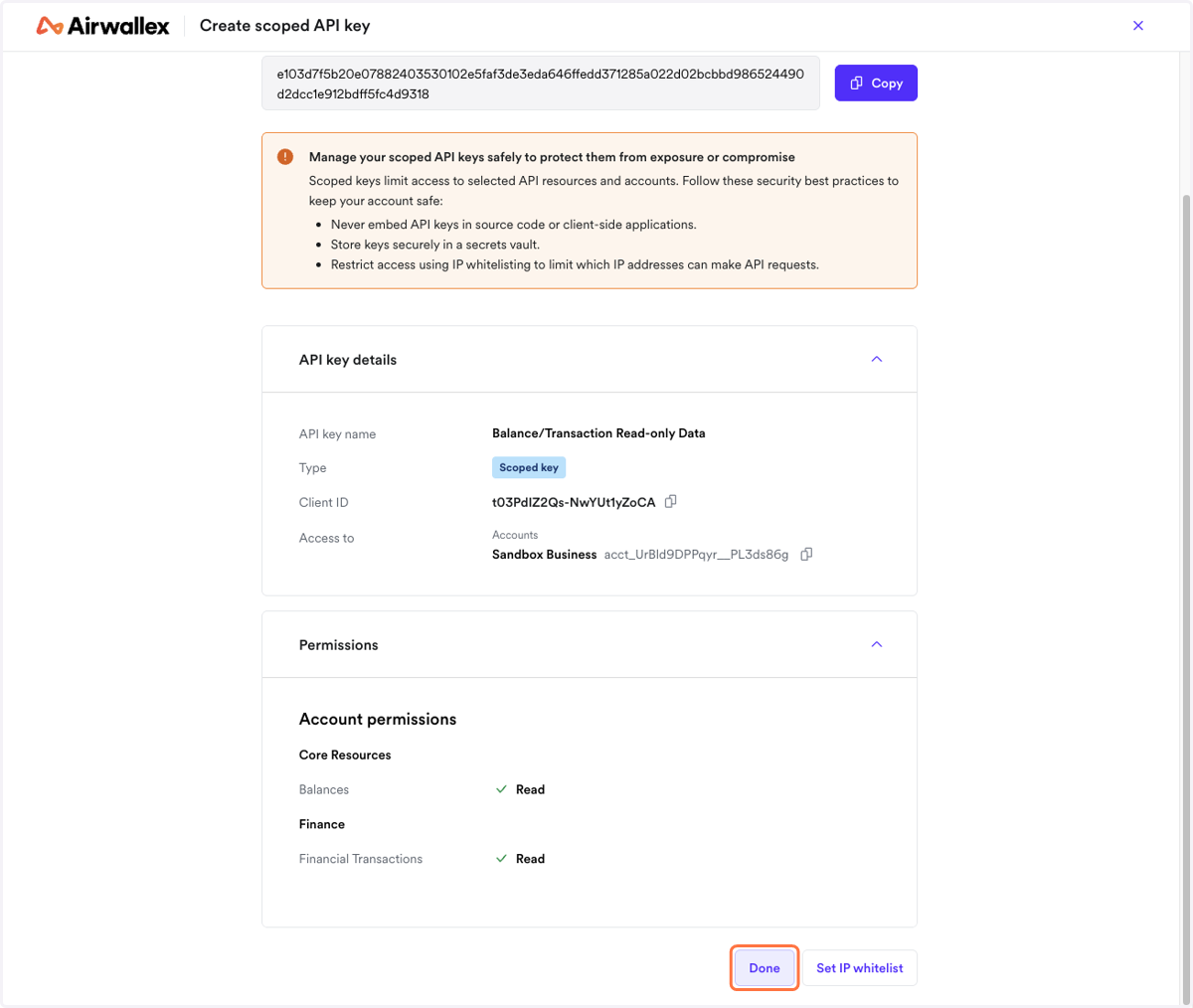Once Done, share the "Client ID" and "API keys" with Finmo.
