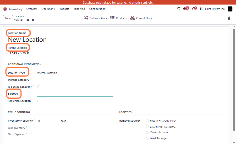 Here create a new location and fill the related fields. Barcode of related location can be added in barcode field. To hold