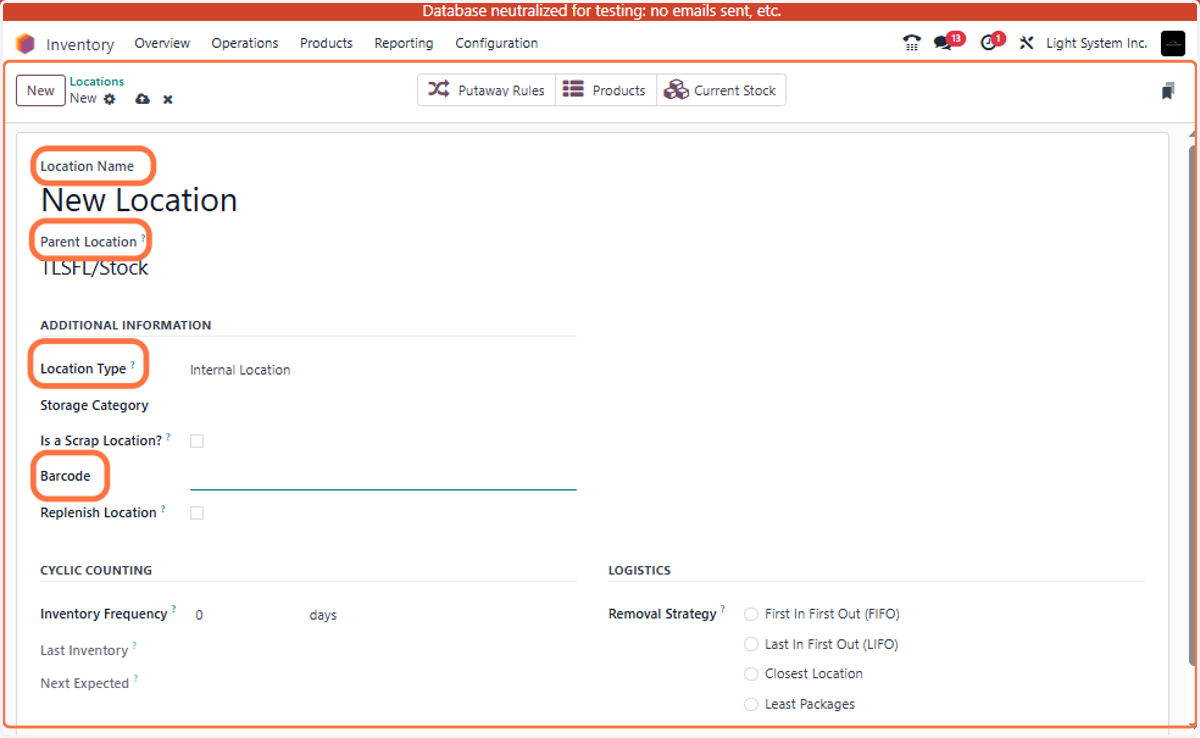 Here create a new location and fill the related fields. Barcode of related location can be added in barcode field. To hold