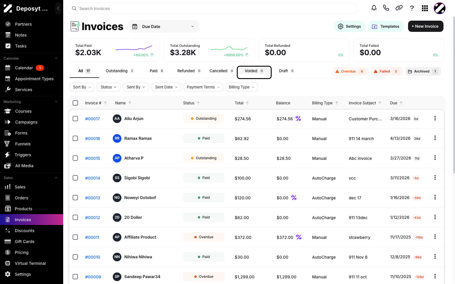 Step 3: Click the Voided button next to the Cancelled button. Your view will now display all Voided Invoices.