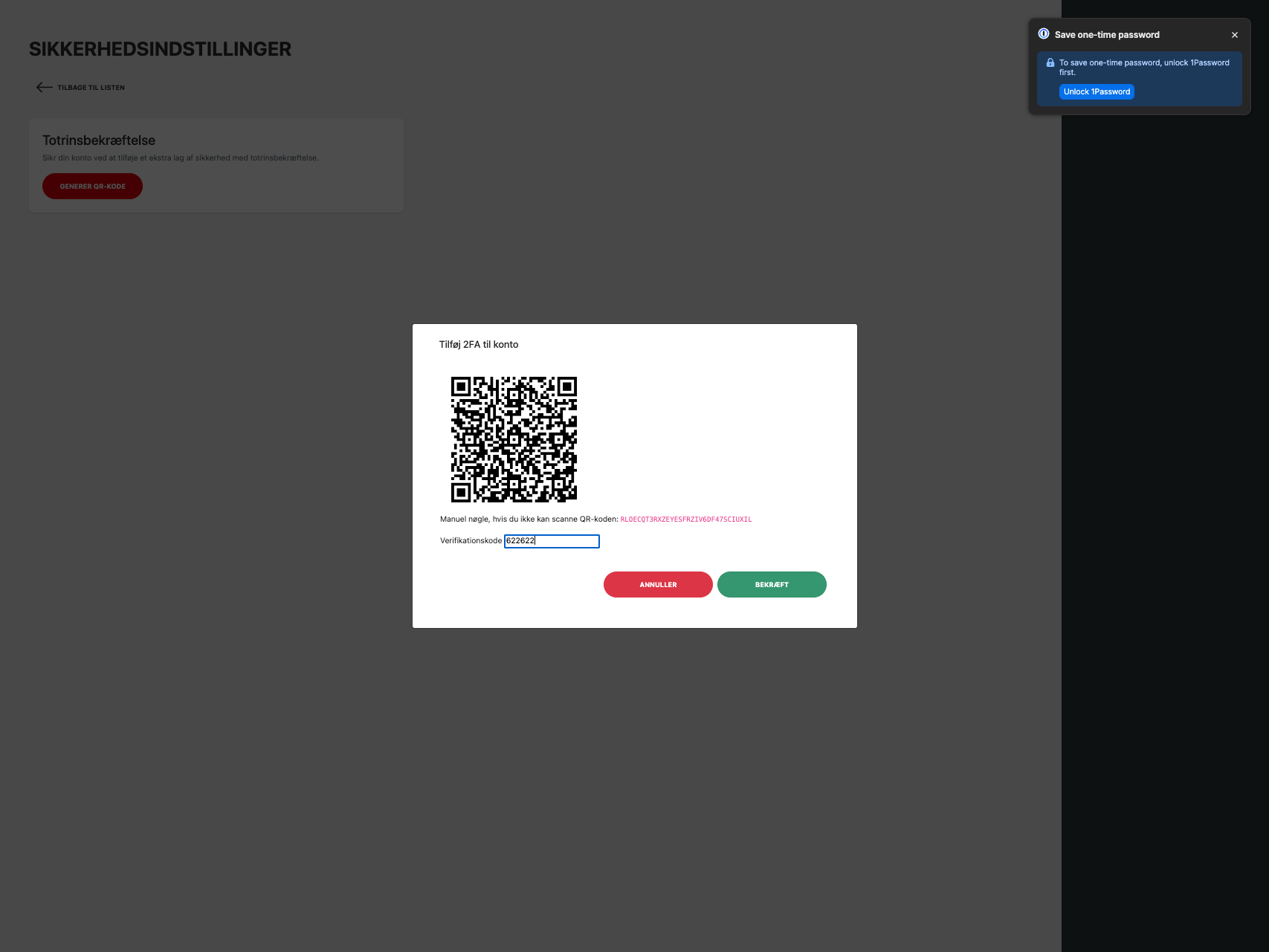 A. Scan koden med din 2 faktor app, nu vil MCB blive tilføjet. B. Skriv Verifikationskode C. Klik på BEKRÆFT