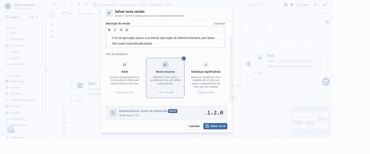 São três tipos: Patch para correções, Novos recursos para acréscimos e Mudanças significativas para o que altera o comportamento das execuções. Neste exemplo usaremos Mudanças significativas
