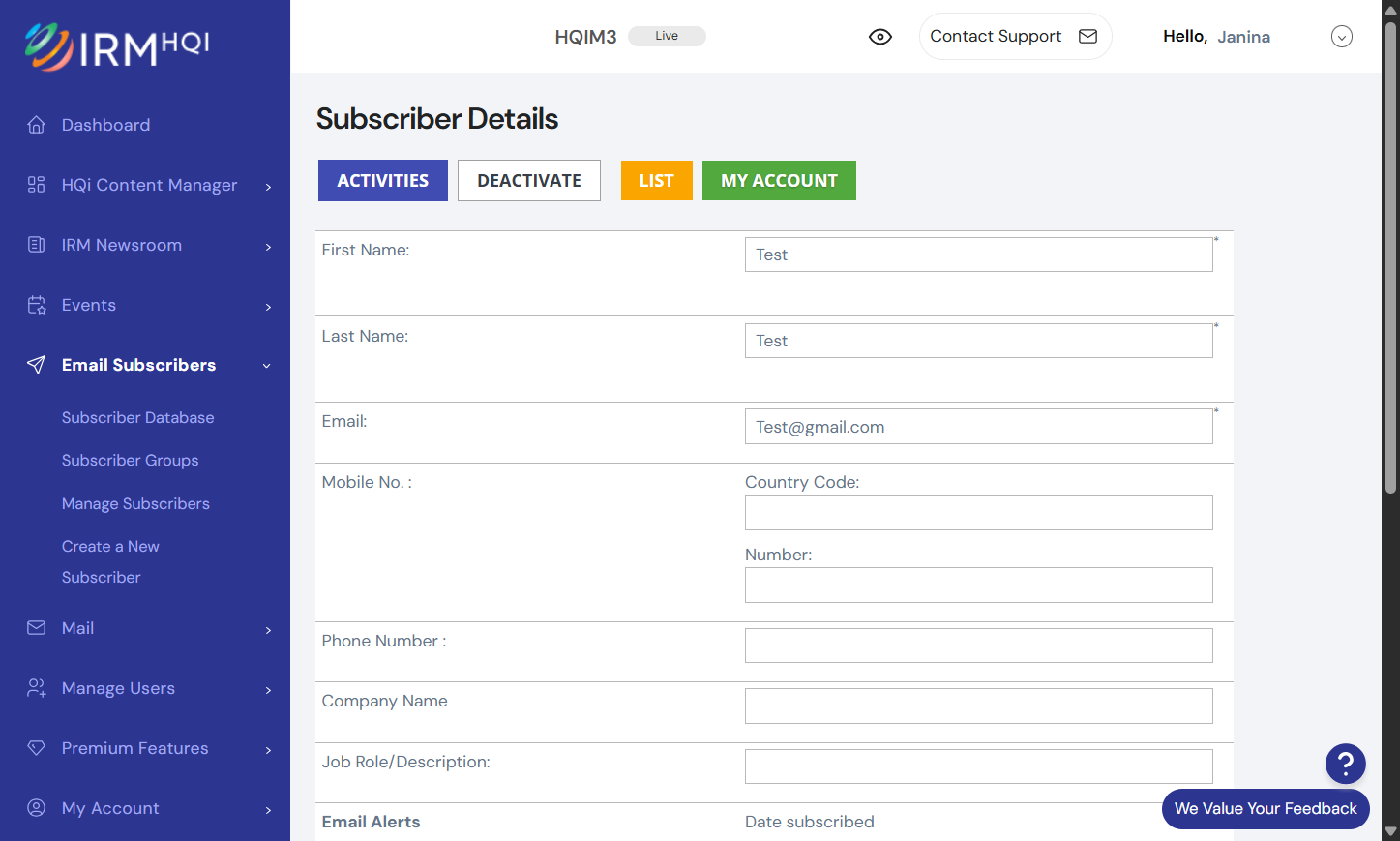 In the subscriber details page, click on the Activities tab to view recent activity.