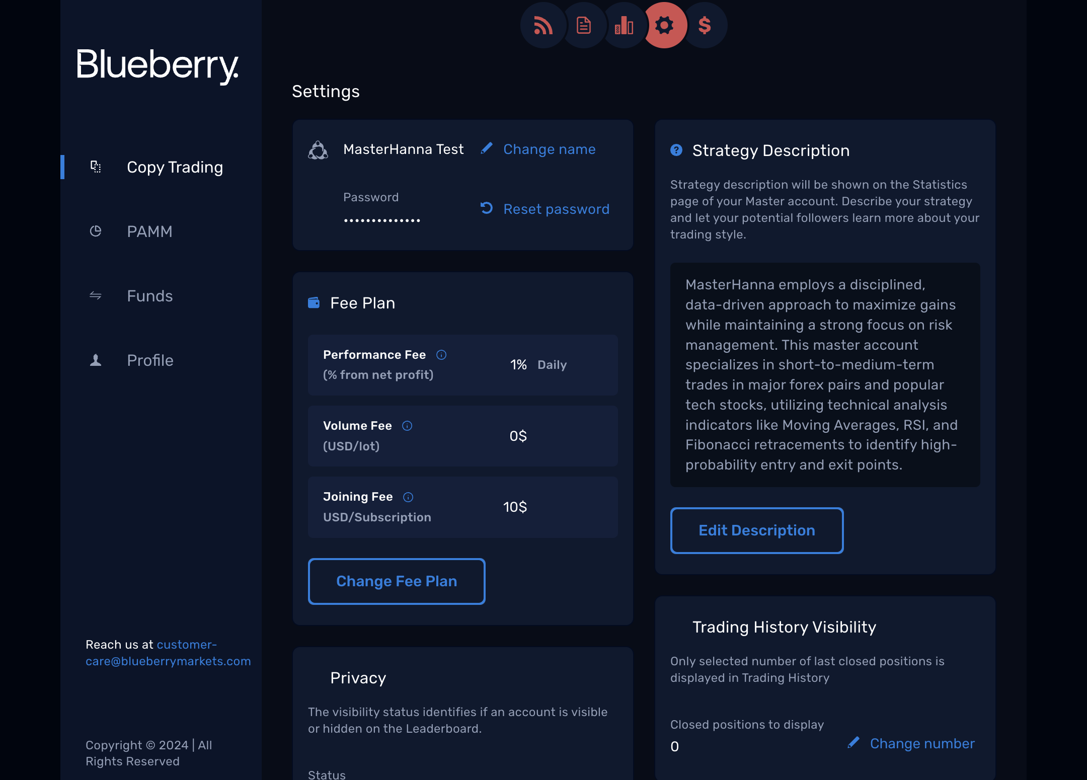 The Settings page allows you to make changes to your account setup