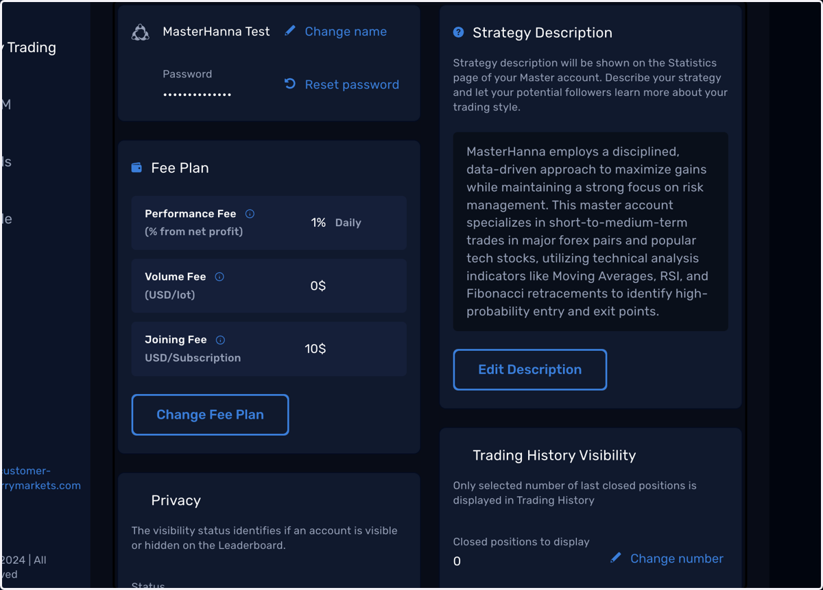 The Settings page allows you to make changes to your account setup