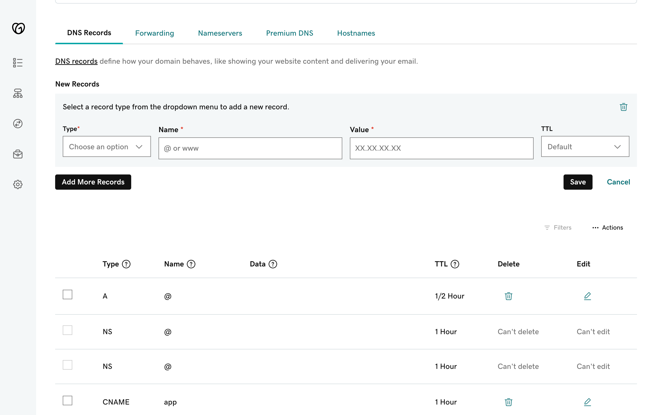Set the CName record to the value that was provided on HBM. 1. Select CName record a Type 2. type www for the Name 3. Paste the unique CName value in the Value field