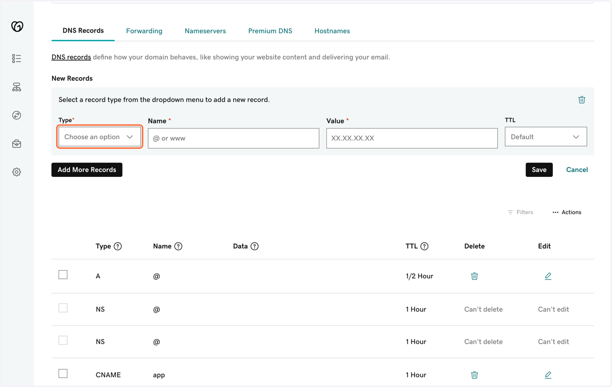 Set the CName record to the value that was provided on HBM. 1. Select CName record a Type 2. type www for the Name 3. Paste the unique CName value in the Value field