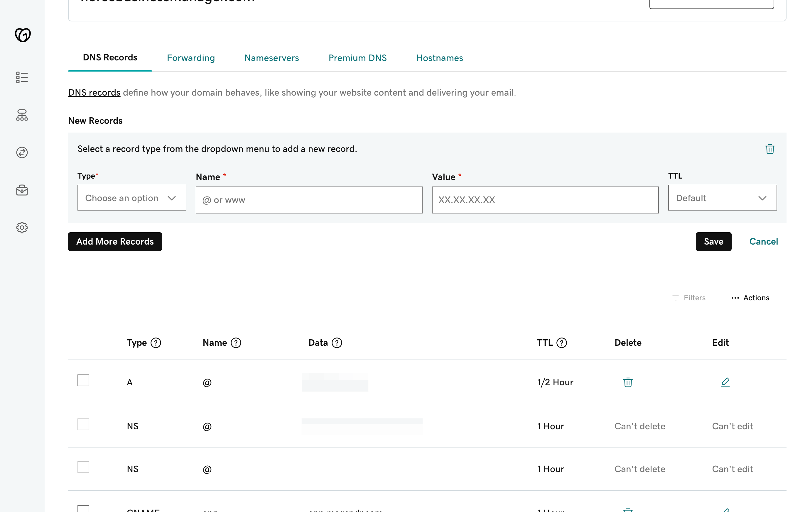 Set the A record to the value that was provided on HBM. 1. Select A record a Type 2. type @ or www for the Name 3. Paste the unique A record value in the Value field