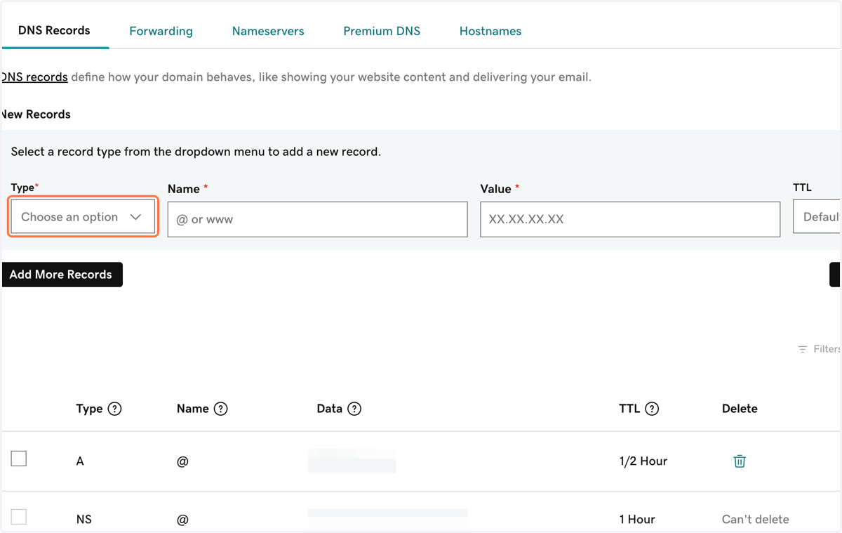 Set the A record to the value that was provided on HBM. 1. Select A record a Type 2. type @ or www for the Name 3. Paste the unique A record value in the Value field