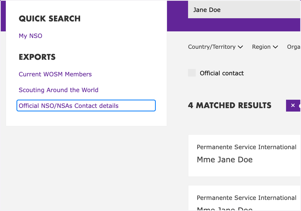 Export of official NSO/NSAs contact details