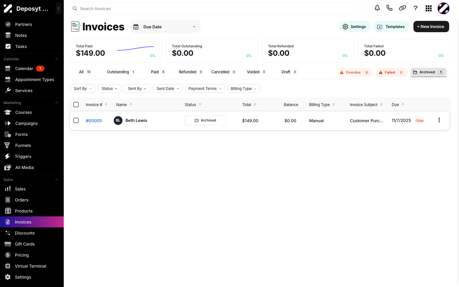 Step 4: Your view will now display all archived invoices.
