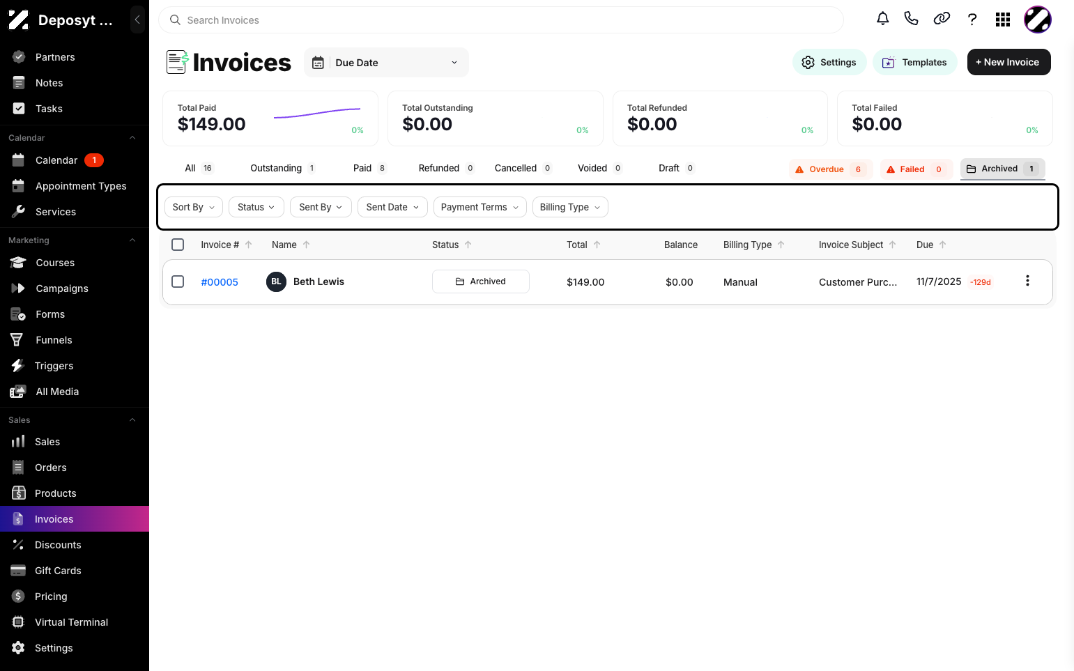 Step 4: Your view will now display all archived invoices.