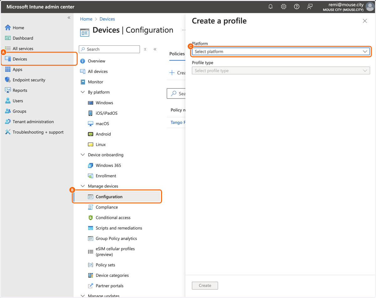 A. Click on Devices B. Click on Configuration C. Click on Platform