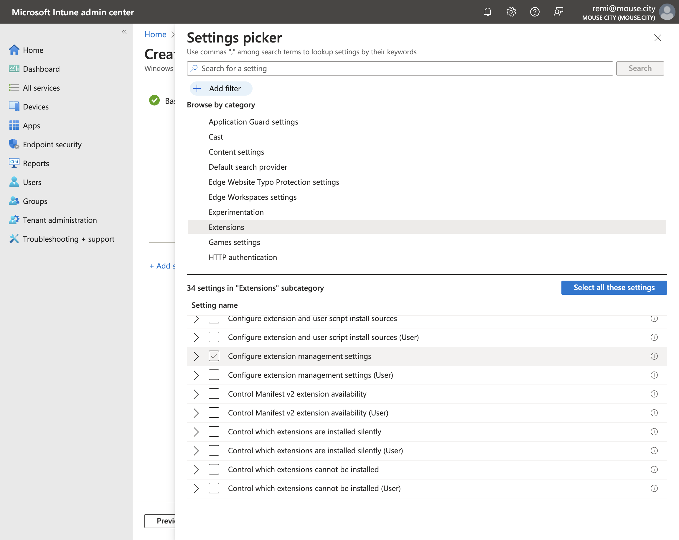A. Click on Extensions B. Click on Configure extension management settings