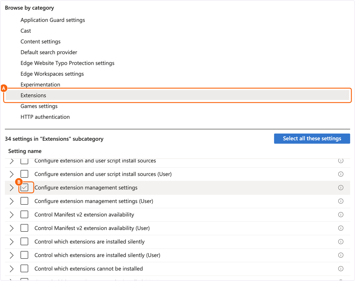A. Click on Extensions B. Click on Configure extension management settings