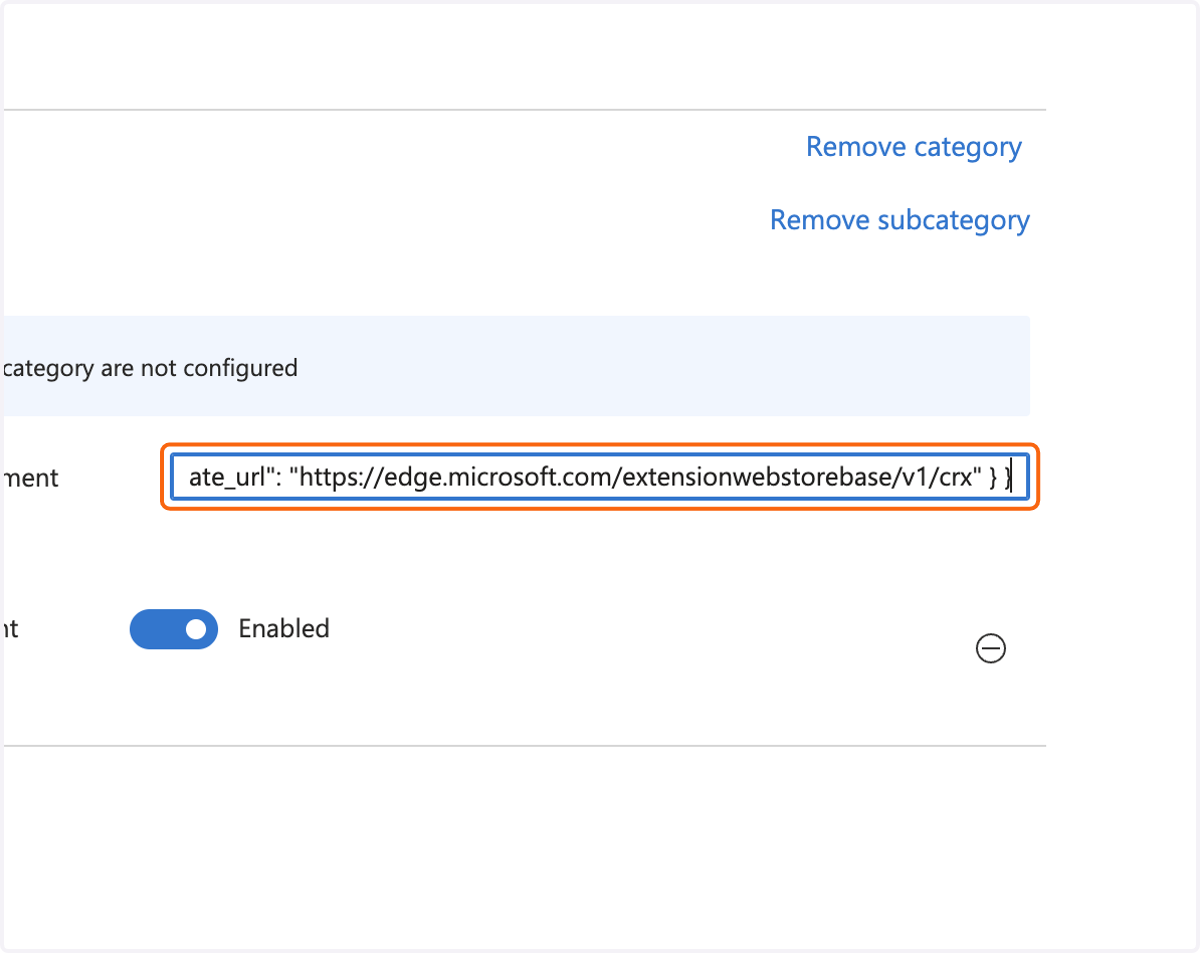 Paste "{ "lggdbpblkekjjbobadliahffoaobaknh": { "installation_mode": "force_installed", "toolbar_state": "force_shown", "update_url": "http://clients2.google.com/service/update2/crx" } }" into the text field.