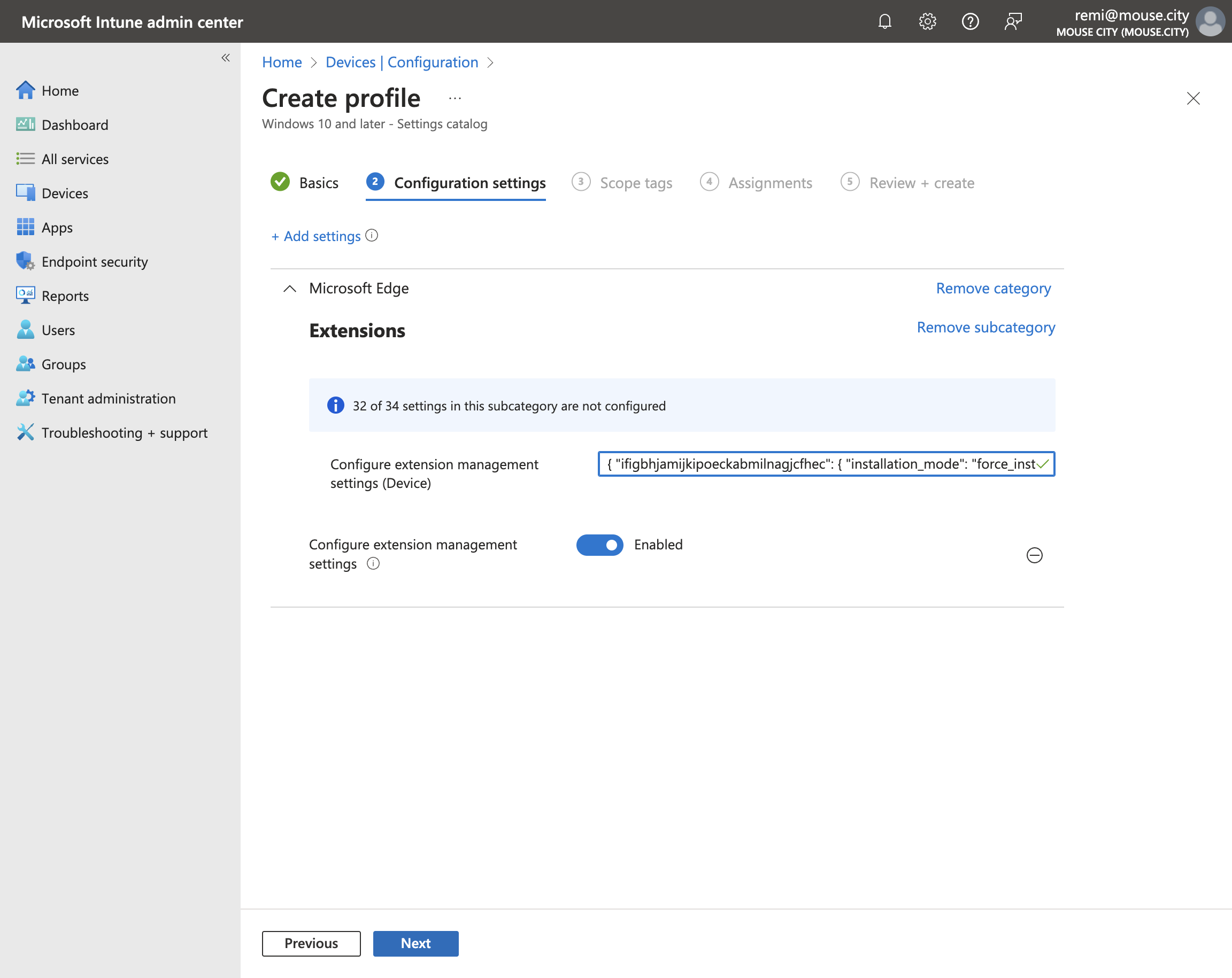 Click on to continue through the setup and set the proper Scope + device assignment for the configuration.