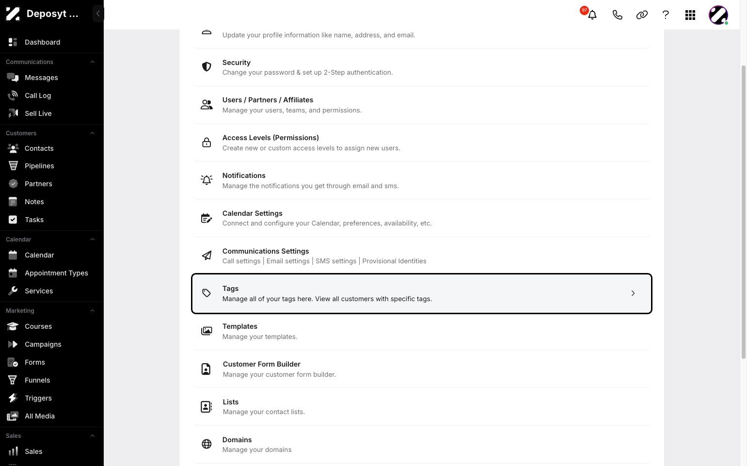 Step 3: You will then be taken to the Settings page. Click on Tags to continue.