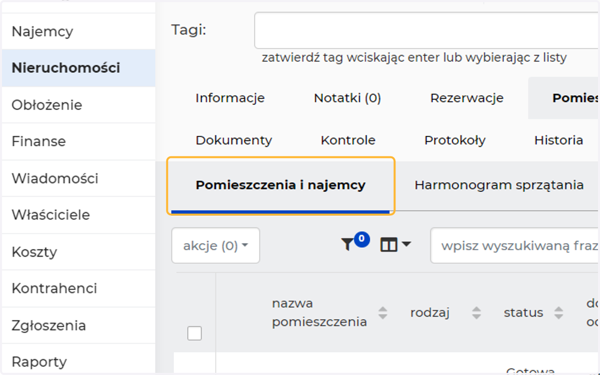 W zakładce Pomieszczenia i najemcy dodaje się wynajmowane pomieszczenia
