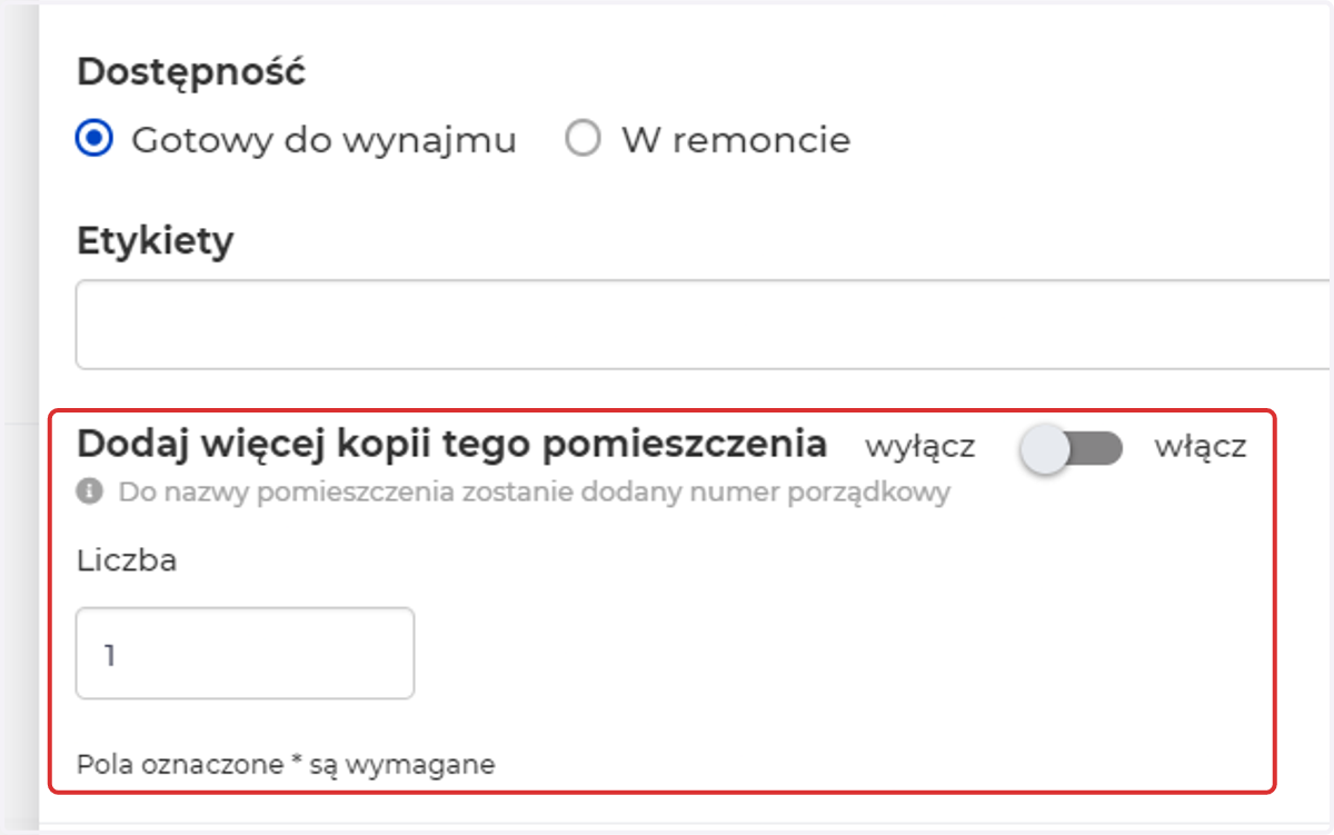 Jeśli chcesz dodać więcej kopii tego pomieszczenia, włącz tę opcję