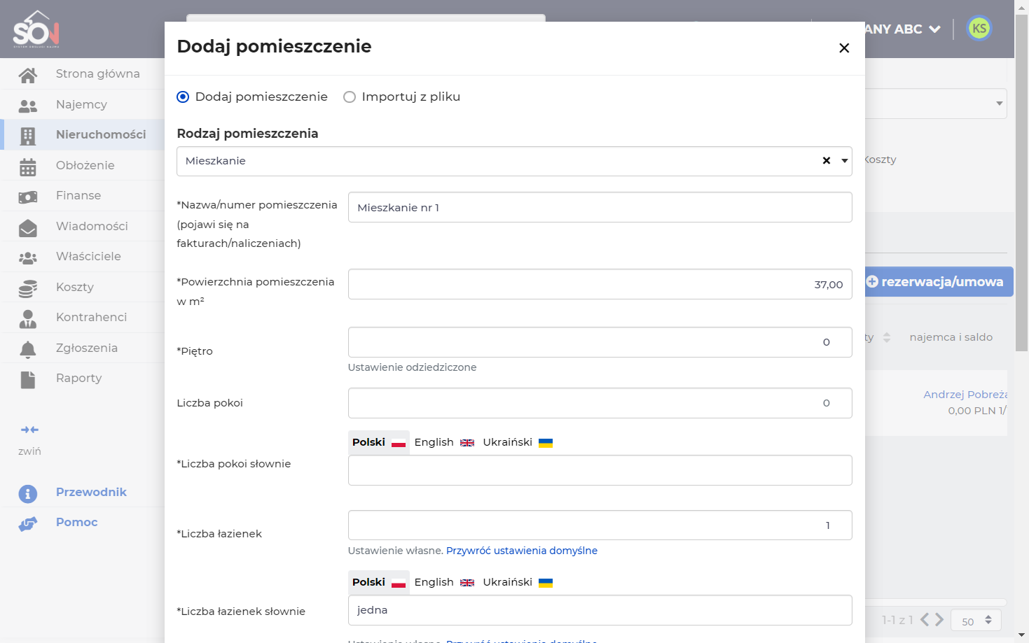 Wybierz rodzaj pomieszczenia z listy