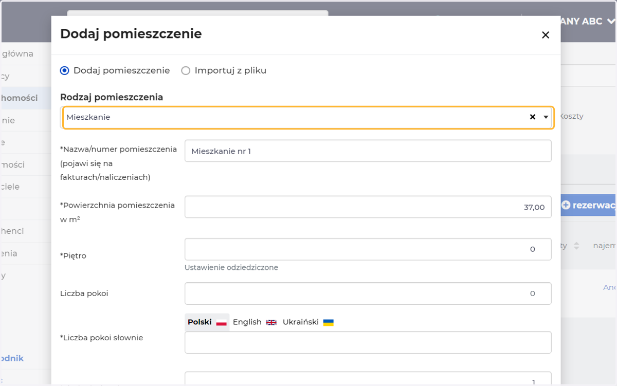 Wybierz rodzaj pomieszczenia z listy