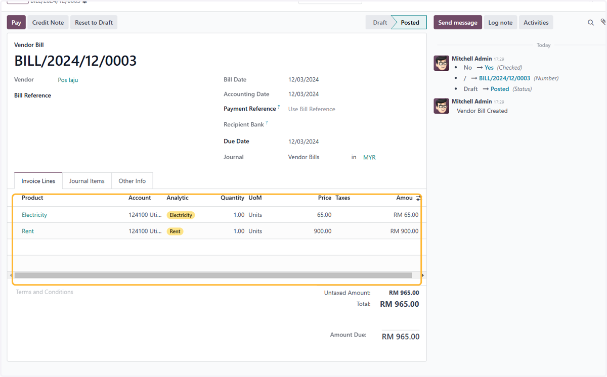 Details of the product with the analytic Items