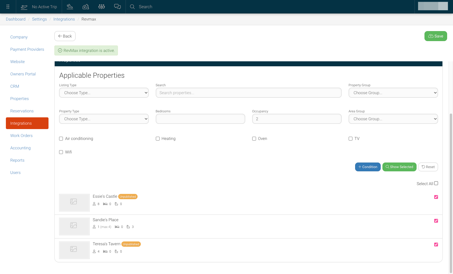 Once you Save, Select All or Select properties that you will be integrating with RevMax and click Save