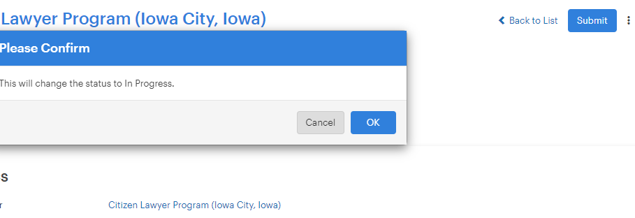 Click "submit" and confirm to move your status from "Draft" to "In Progress." You will now be able to add hours for the remainder of the semester.