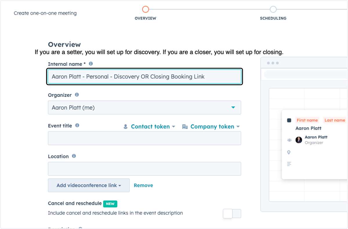 Type "Aaron Platt - Personal - Discovery OR Closing Booking Link"