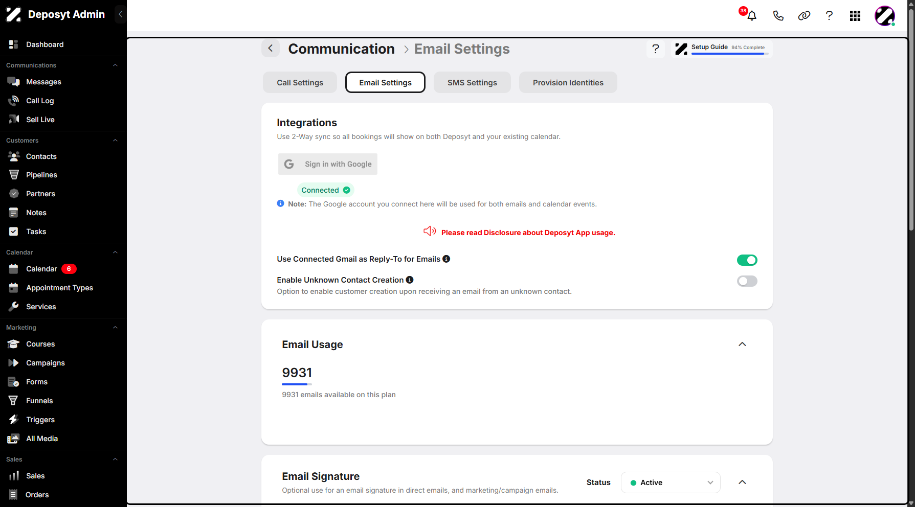 Step 6: You will be redirected to the Communication Email Settings.