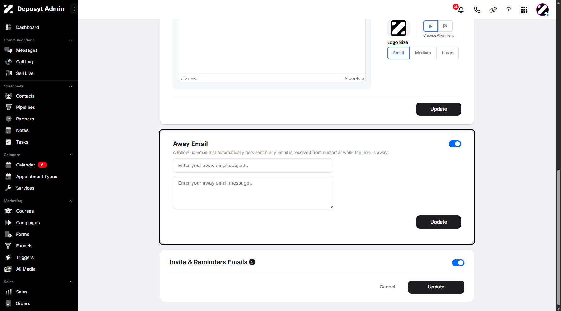 Step 10: Away Email is a follow up email that automatically gets sent if any email is received from customer while the user is away.