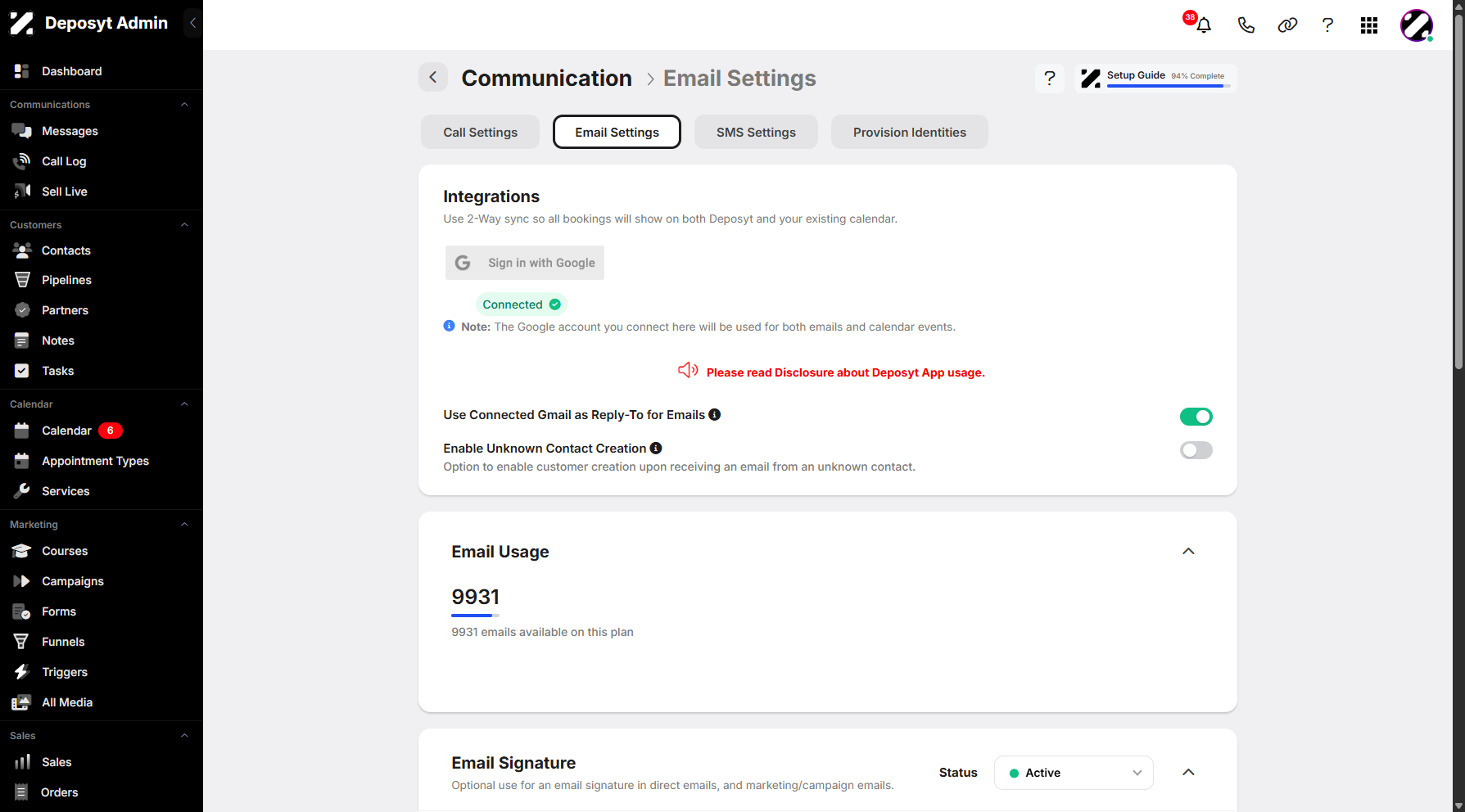 Step 7: You can connect your Google account from the Integrations tab. This allows you to enable Use Connected Gmail as Reply-To for Emails and Enable Unknown Contact Creation.