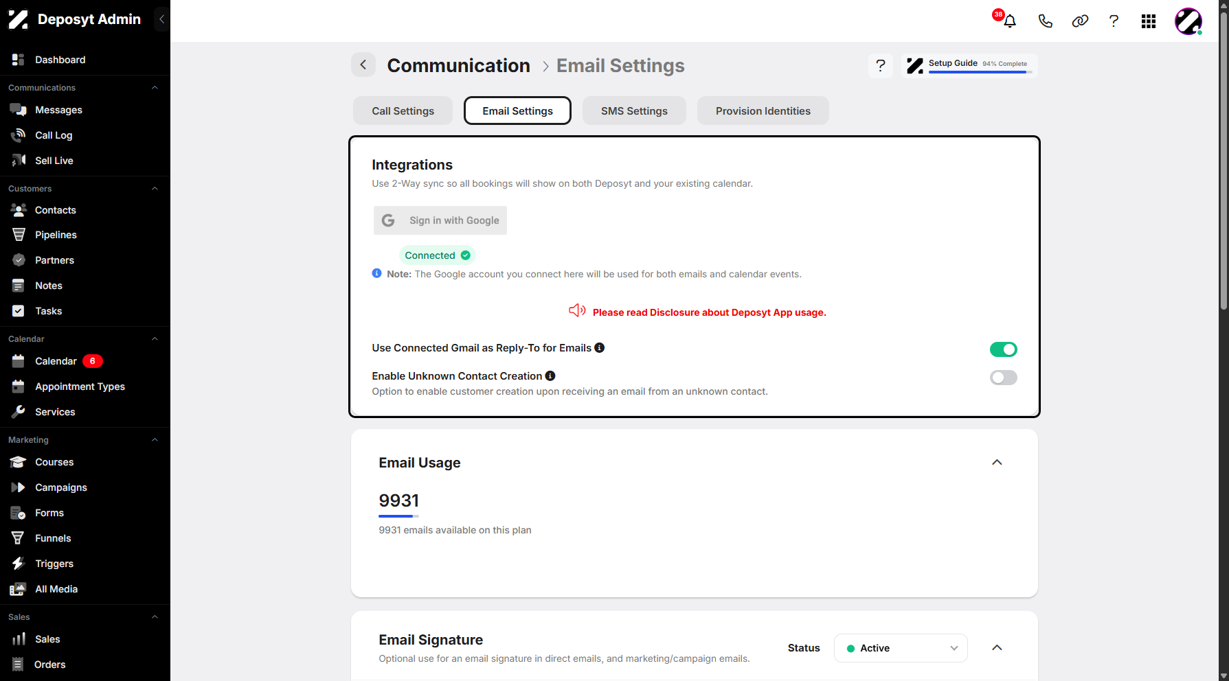 Step 7: You can connect your Google account from the Integrations tab. This allows you to enable Use Connected Gmail as Reply-To for Emails and Enable Unknown Contact Creation.